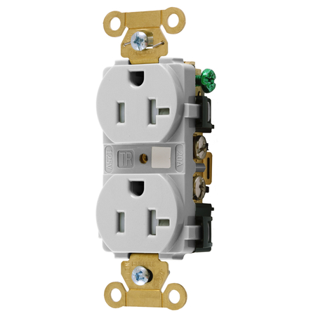 HUBBELL WIRING DEVICE-KELLEMS Straight Blade Devices, Tamper Resistant Duplex Receptacle, Industrial Grade, 20A 125V, 2-Pole 3-Wire Grounding, 5-20R, White HBL5362WTR